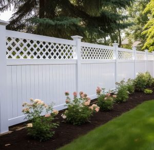 An elegant white vinyl privacy fence, featuring a decorative lattice top and classic post caps, installed in a beautifully landscaped backyard. A neat flower bed with dark mulch and blooming pink and white hydrangeas runs along the base of the fence, next to a lush green lawn.