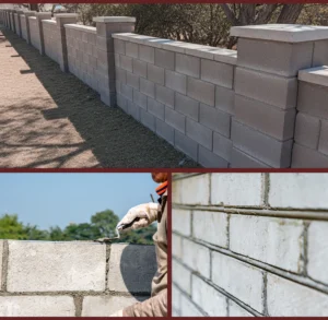 A collage showing the construction of a reinforced concrete block wall. The main image is a finished gray CMU wall with pillars, with smaller images showing a mason applying mortar and a close-up of steel rebar in the joints for strength.