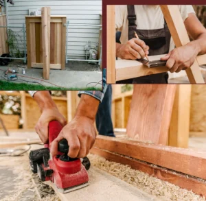 A collage demonstrating the process of custom woodworking and fence building, including assembling a wood fence panel, measuring and marking lumber with a square, and using an electric hand planer.